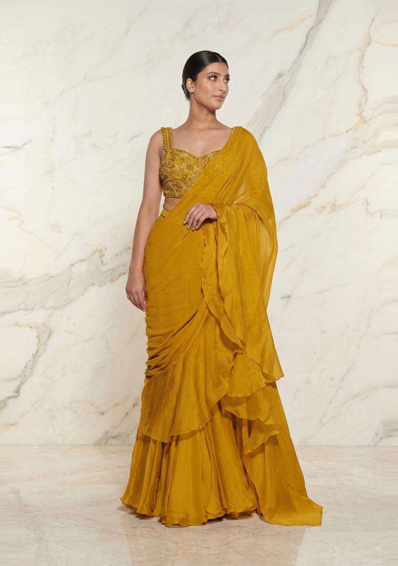 Mustard Embroidered Handwork Pre Draped Saree Set - Indya