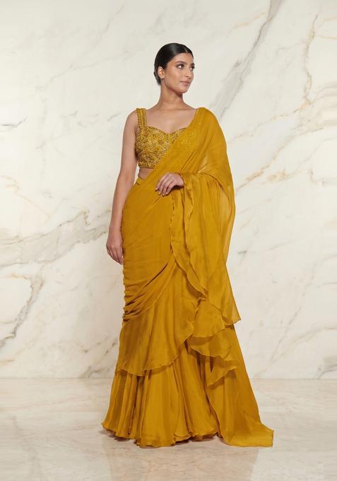 Mustard Embroidered Handwork Pre Draped Saree Set