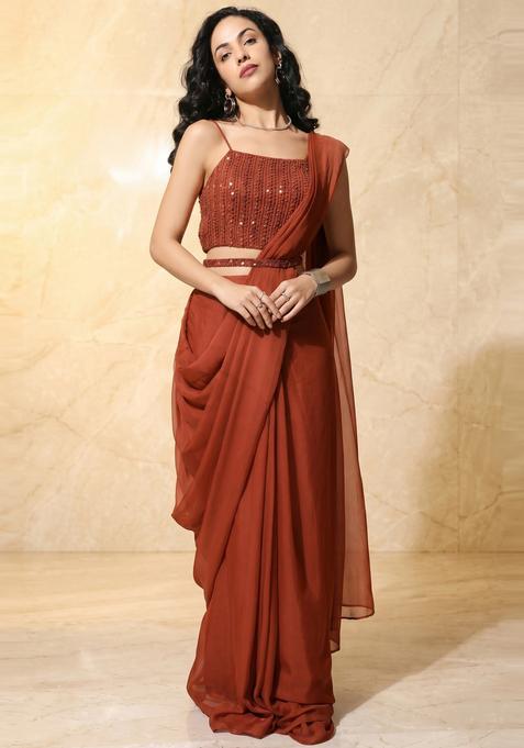 Rust Orange Embroidered Handwork Pre Draped Saree Set