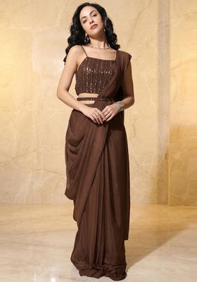 Coffee Brown Embroidered Handwork Pre Draped Saree Set