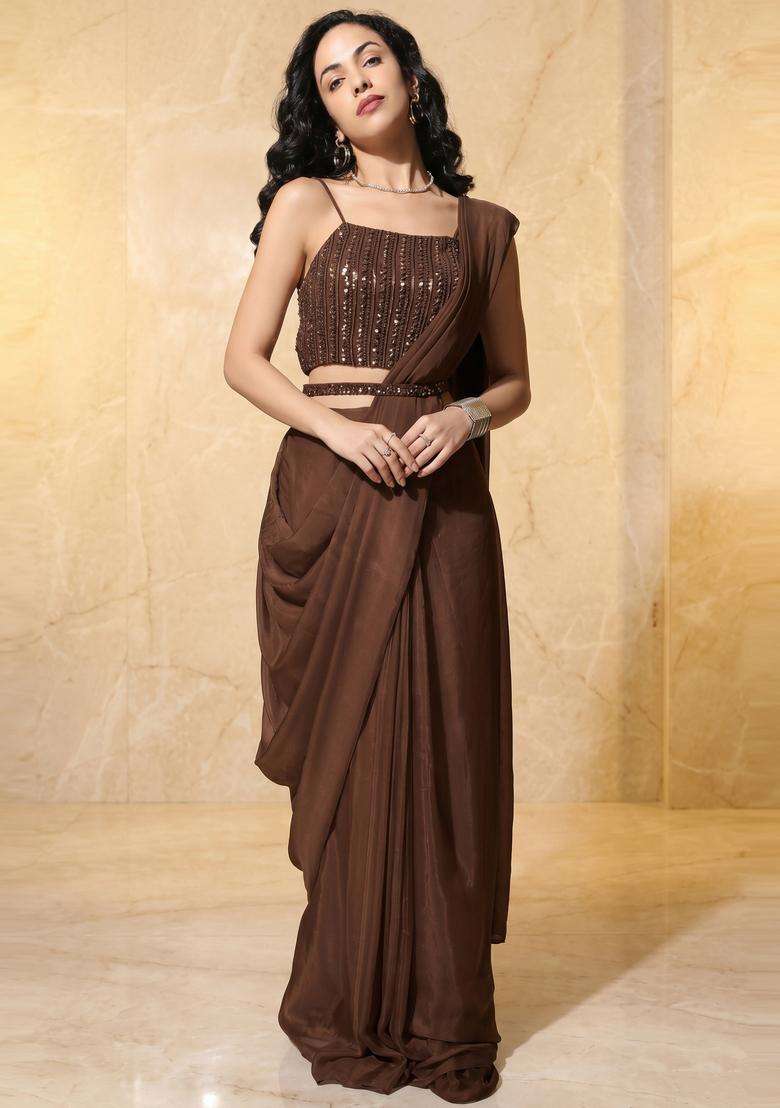 Coffee Brown Embroidered Handwork Pre Draped Saree Set - Indya