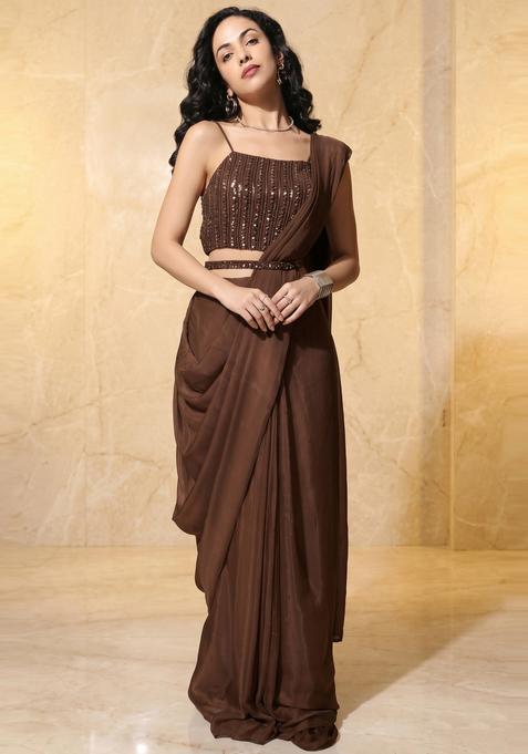 Coffee Brown Embroidered Handwork Pre Draped Saree Set