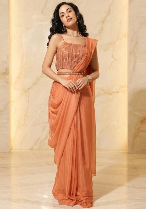 Burnt Orange Embroidered Handwork Pre Draped Saree Set