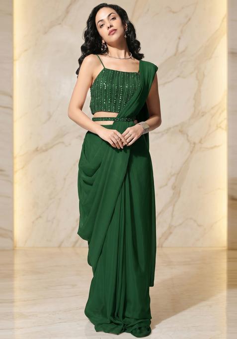 Forest Green Embroidered Handwork Pre Draped Saree Set