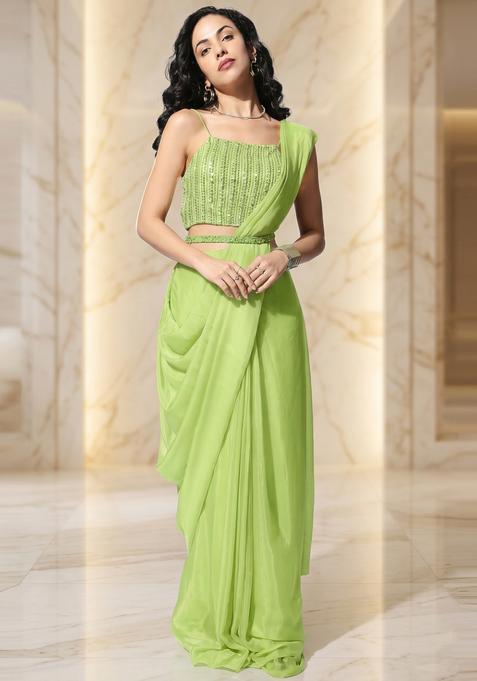 Lime Green Embroidered Handwork Pre Draped Saree Set