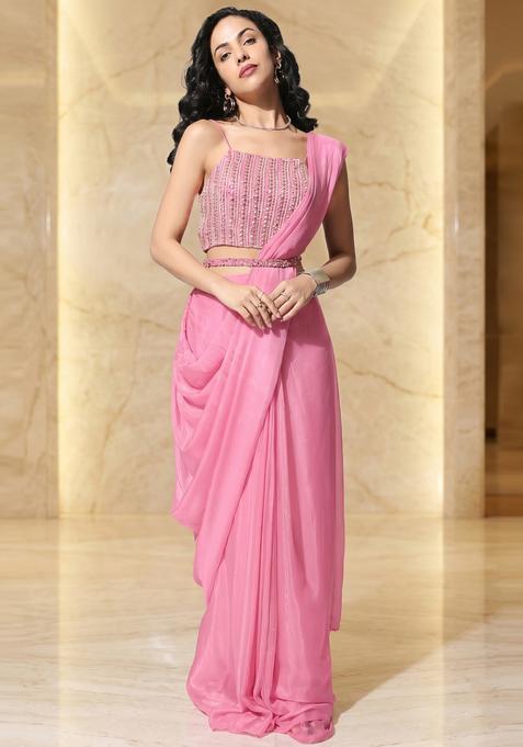 Rose Pink Embroidered Handwork Pre Draped Saree Set