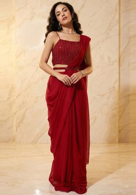 Deep Red Embroidered Handwork Pre Draped Saree Set