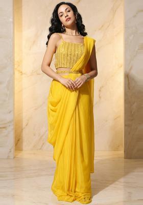Yellow Embroidered Handwork Pre Draped Saree Set