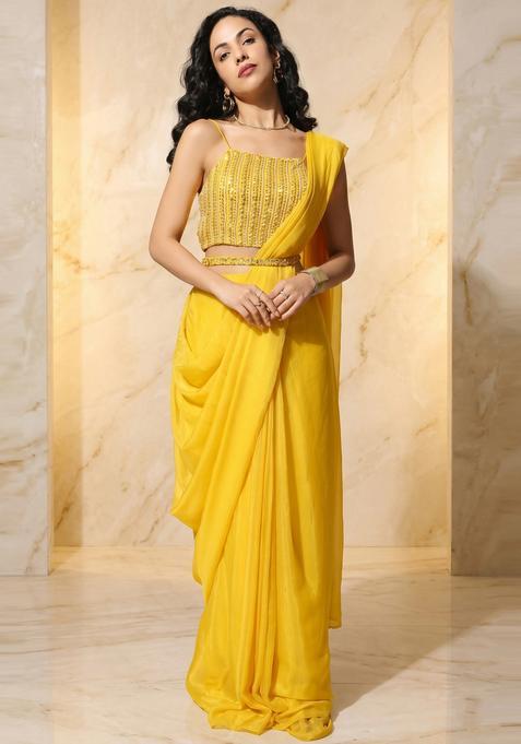 Yellow Embroidered Handwork Pre Draped Saree Set