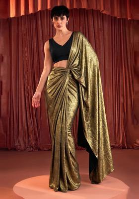 Antique Gold Solid Lycra Pre Draped Saree Set