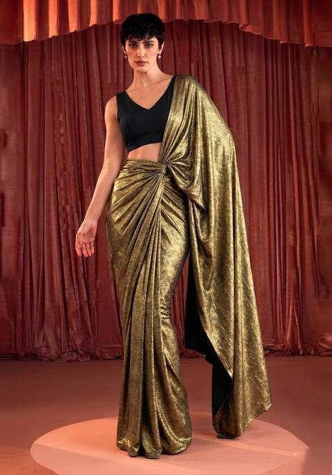 Antique Gold Solid Lycra Pre Draped Saree Set