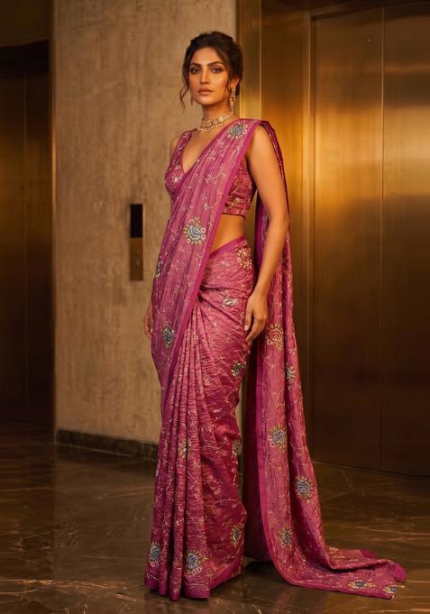 Dusty Pink Zari Work Tissue Pre Draped Saree Set