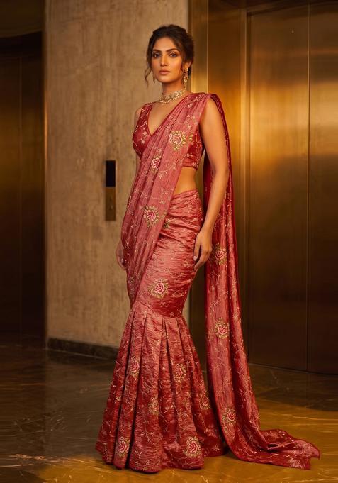 Rust Orange Zari Work Tissue Pre Draped Saree Set