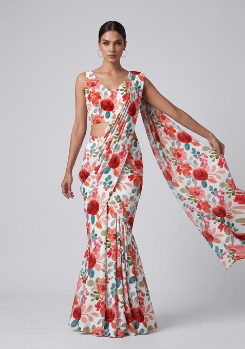 Off White Floral Print Satin Pre Draped Saree Set