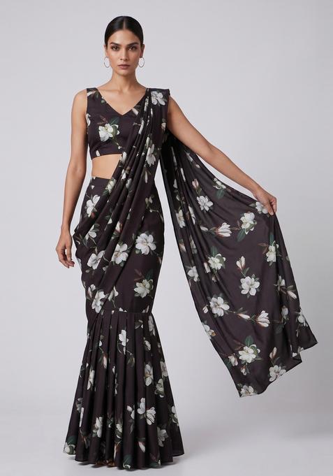 Black Floral Print Satin Pre Draped Saree Set