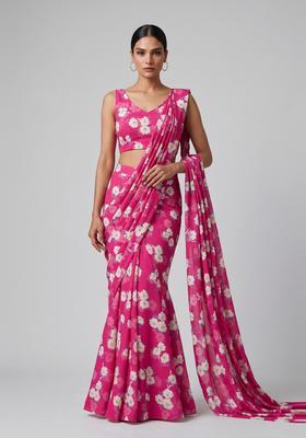 Rani Pink Floral Print Satin Pre Draped Saree Set