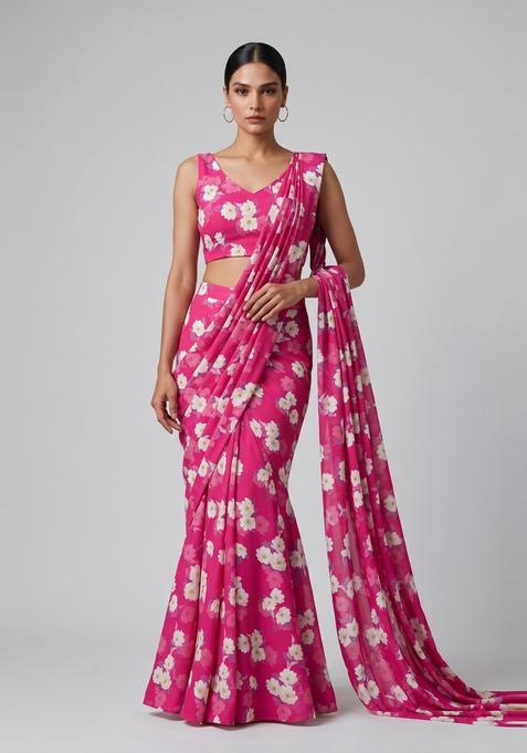 Rani Pink Floral Print Satin Pre Draped Saree Set