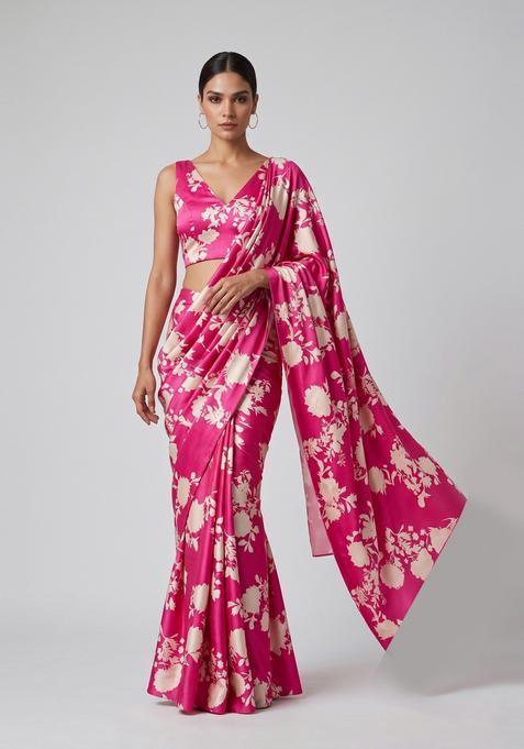 Hot Pink Floral Print Satin Pre Draped Saree Set