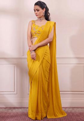 Mustard Yellow Embroidered Crepe Pre Draped Saree Set