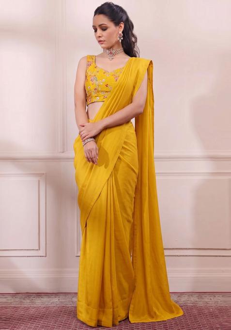 Mustard Yellow Embroidered Crepe Pre Draped Saree Set
