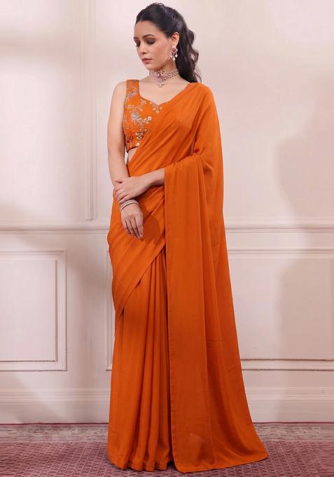 Rust Orange Embroidered Crepe Pre Draped Saree Set