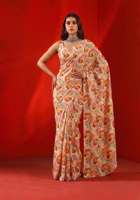 Beige Printed Satin Pre Draped Saree Set