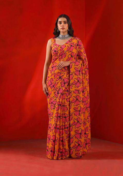 Orange Printed Satin Pre Draped Saree Set