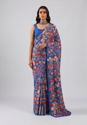 Royal Blue Printed Satin Pre Draped Saree Set