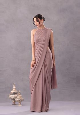 Mauve Embellished Net Pre Draped Saree Set