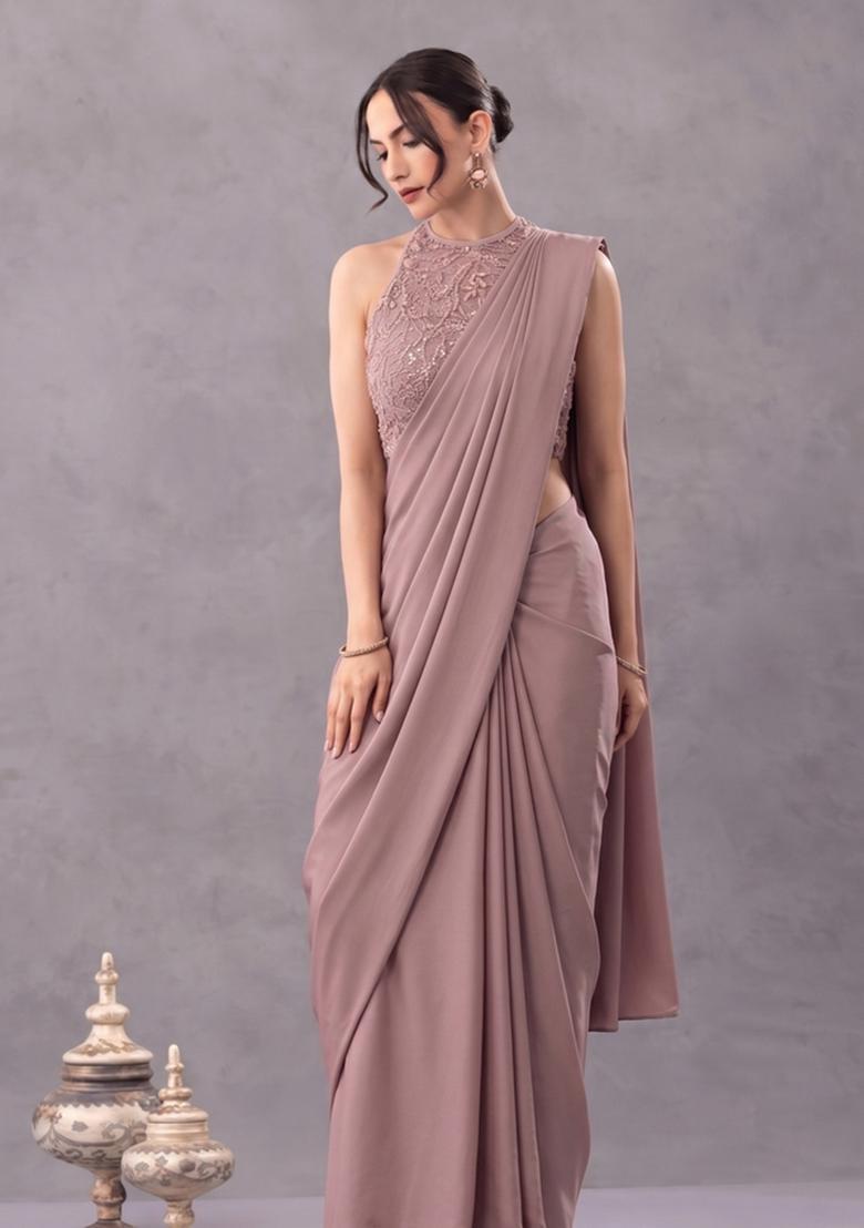Mauve Embellished Net Pre Draped Saree Set - Indya