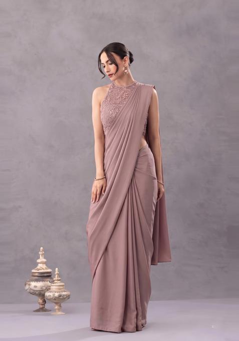 Mauve Embellished Net Pre Draped Saree Set