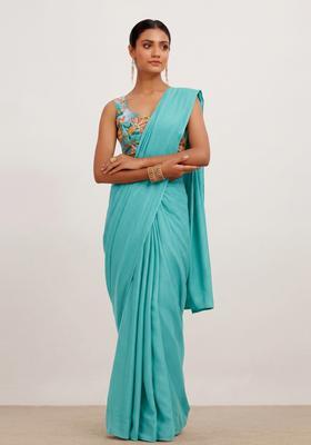Teal Floral Print Silk Blend Pre Draped Saree Set