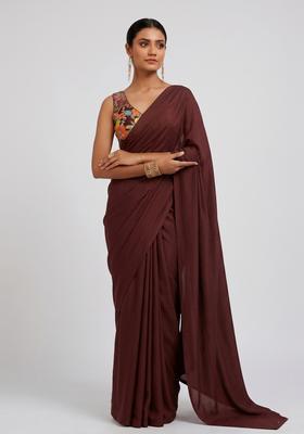 Chocolate Brown Floral Print Silk Blend Pre Draped Saree Set