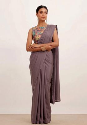 Slate Grey Floral Print Silk Blend Pre Draped Saree Set