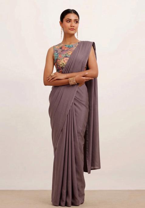 Slate Grey Floral Print Silk Pre Draped Saree Set