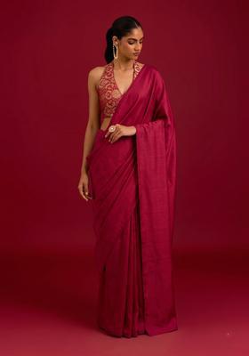 Deep Maroon Brocade Pre Draped Saree Set