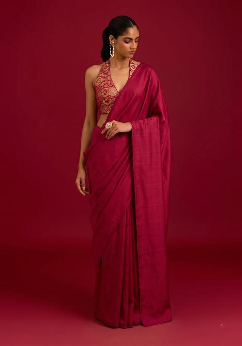 Deep Maroon Brocade Pre Draped Saree Set
