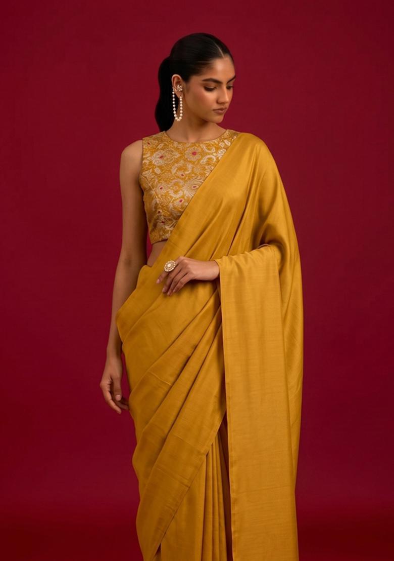 Mustard Brocade Pre Draped Saree Set - Indya