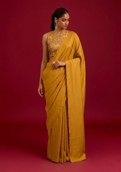 Mustard Brocade Pre Draped Saree Set