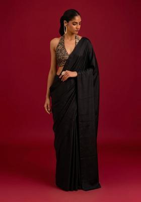 Black Brocade Pre Draped Saree Set