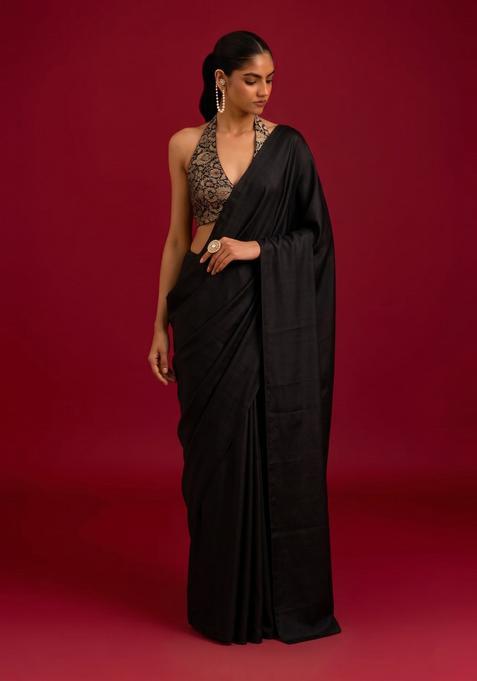 Black Brocade Pre Draped Saree Set