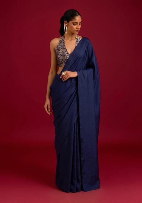 Navy Blue Brocade Pre Draped Saree Set