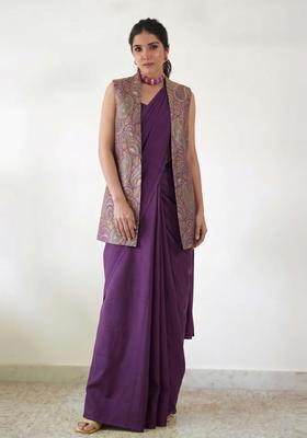 Deep Purple Brocade Pre Draped Saree Set