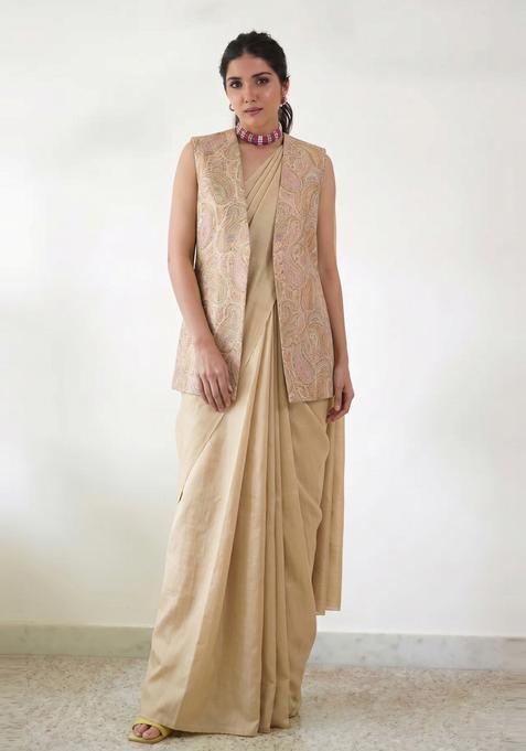 Champagne Gold Brocade Pre Draped Saree Set