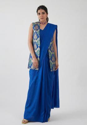 Royal Blue Brocade Pre Draped Saree Set