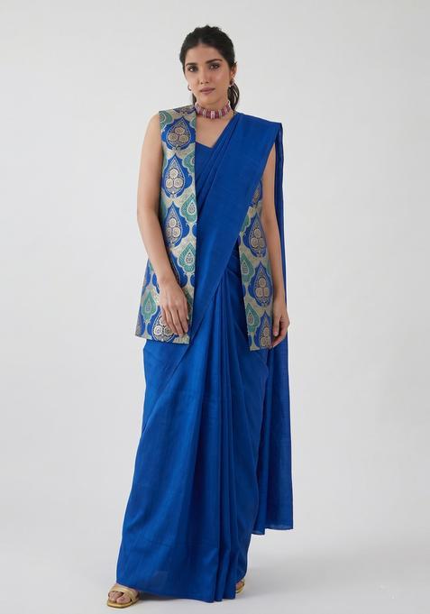 Royal Blue Brocade Pre Draped Saree Set