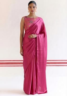 Pink Floral Print Georgette Pre Draped Saree Set