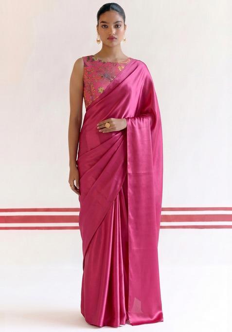 Pink Floral Print Georgette Pre Draped Saree Set