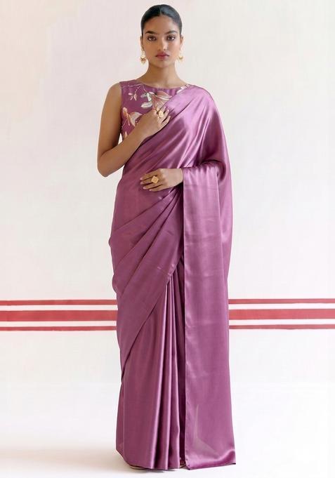 Dusty Purple Printed Georgette Pre Draped Saree Set
