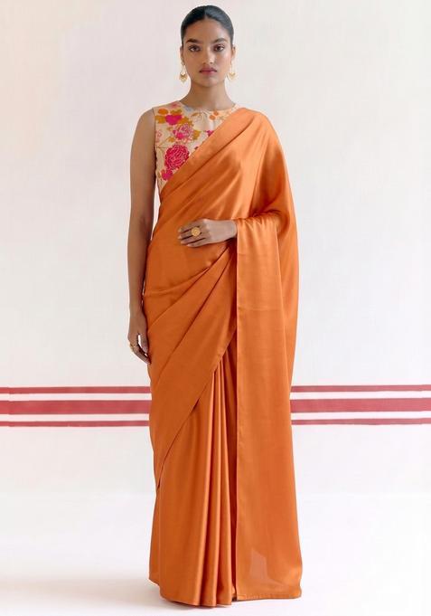 Cream Beige Floral Print Georgette Pre Draped Saree Set